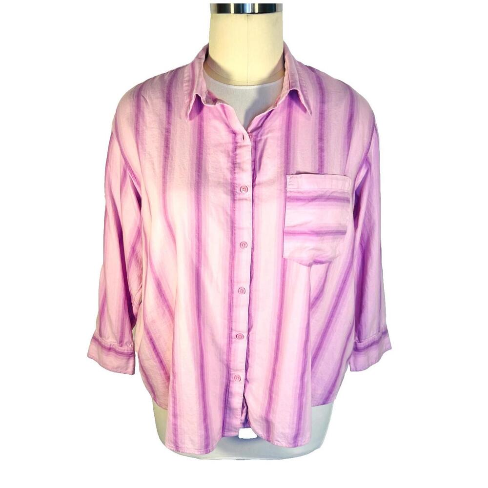 Terra & Sky - Women's 2X Blouse Oversize Button Up Shirt Purple Ombre Stripe